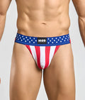 Blue red and white american flag themed mens jockstrap with textured fabric waistband and mob brand logo