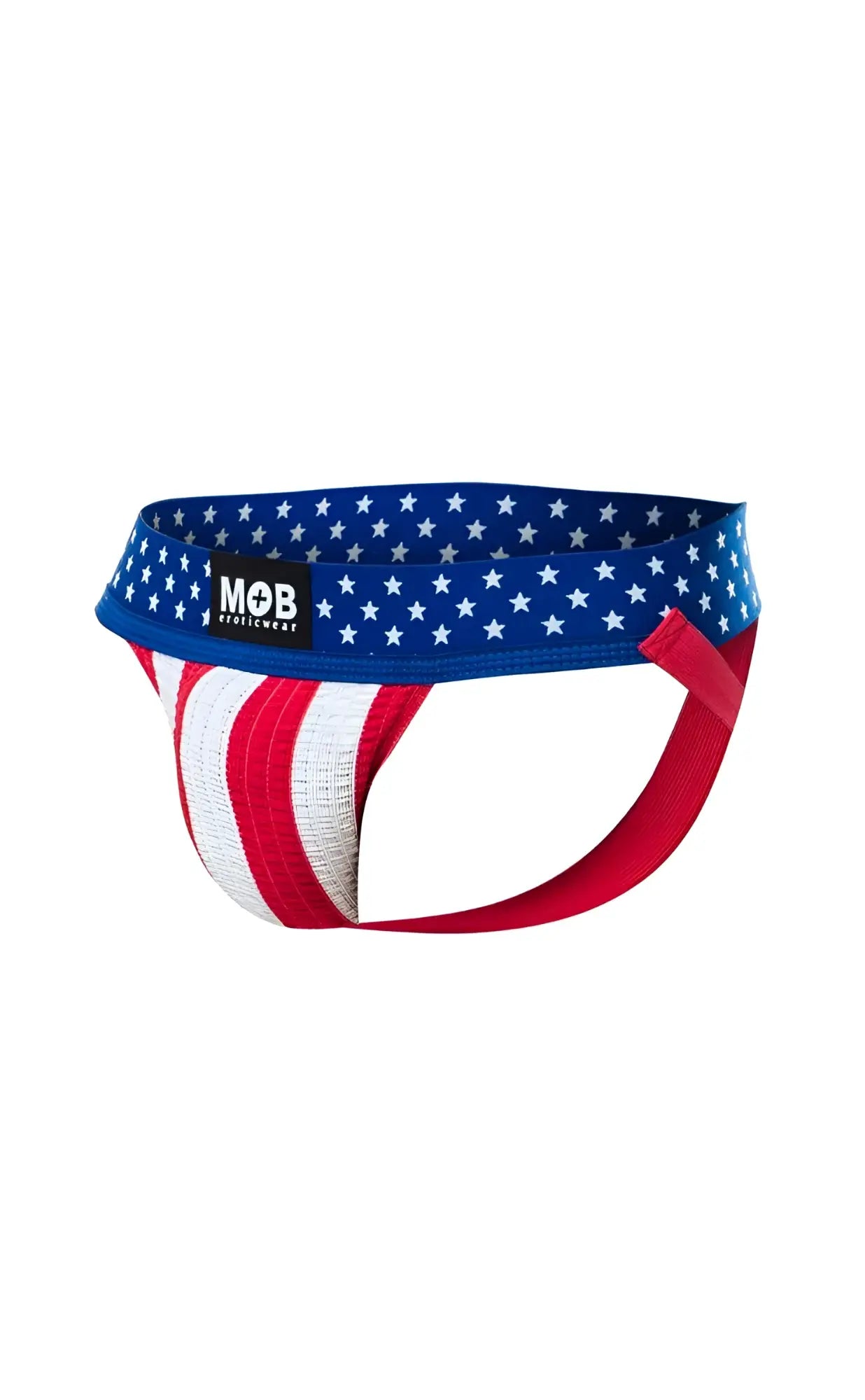 USA flag mens jockstrap with red white and blue american flag design and star-spangled waistband in front view