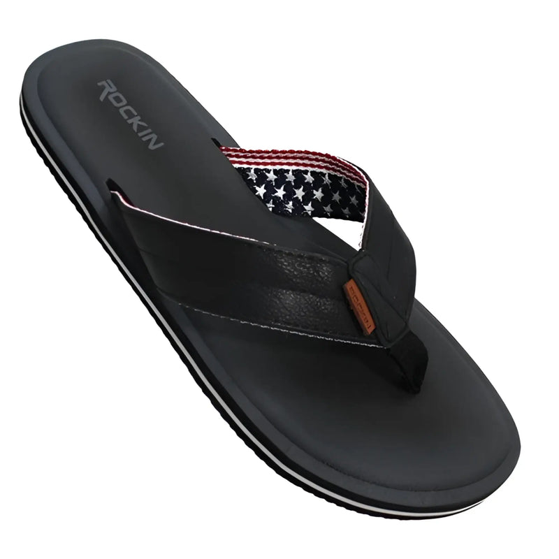 Black leather flip flop usa sandal with red white and blue star patterned strap and orange brand tag