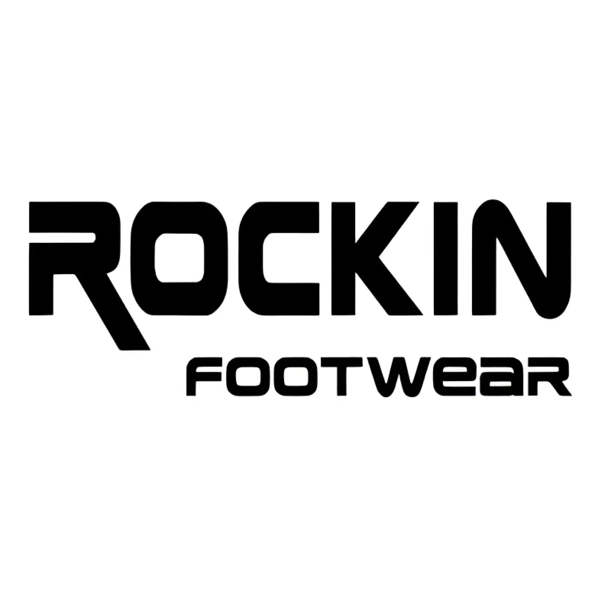 Black rockin footwear logo with bold modern typography on usa sandal product in black color