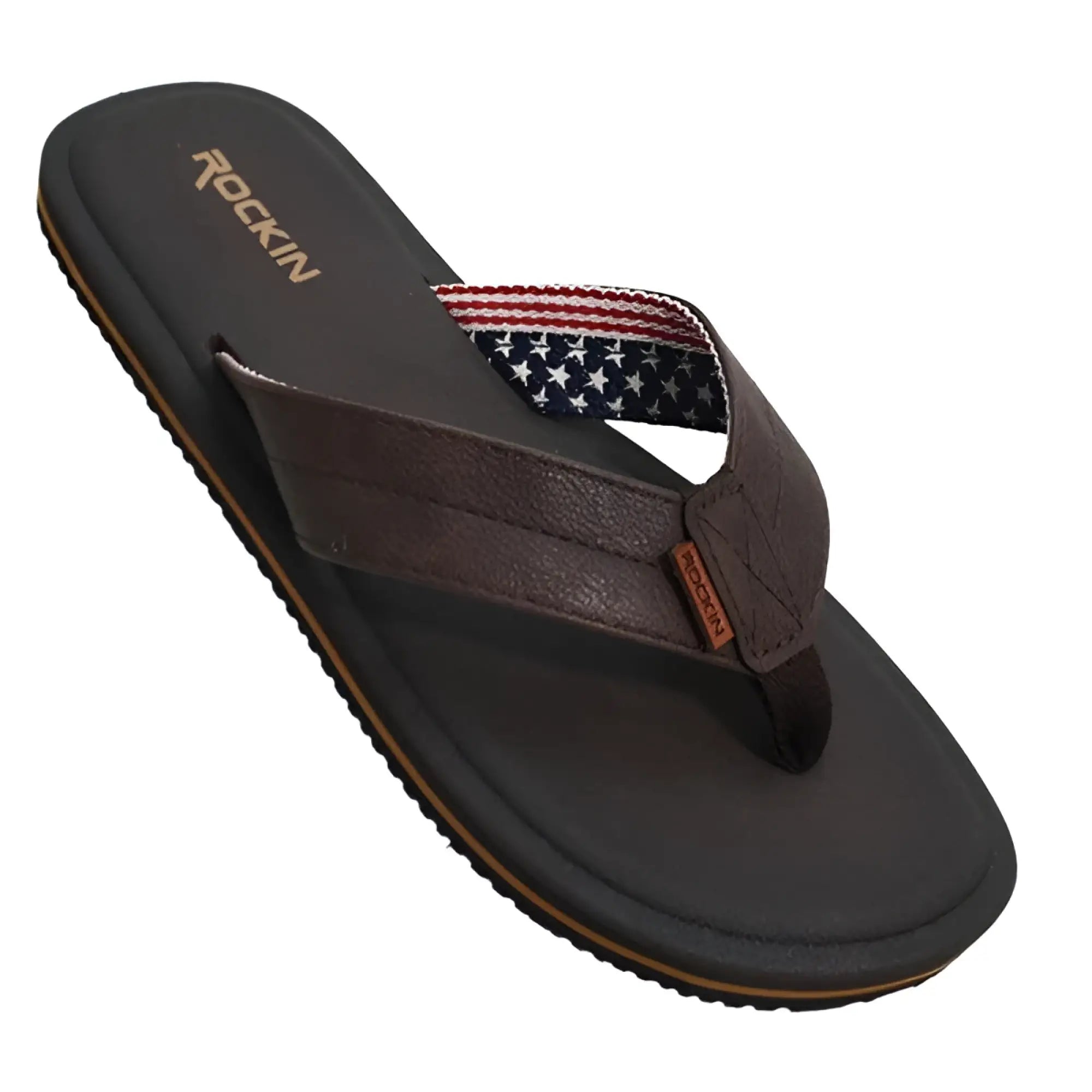 Brown leather-style usa sandal flip-flop with american flag strap and rockin embroidered on the insole