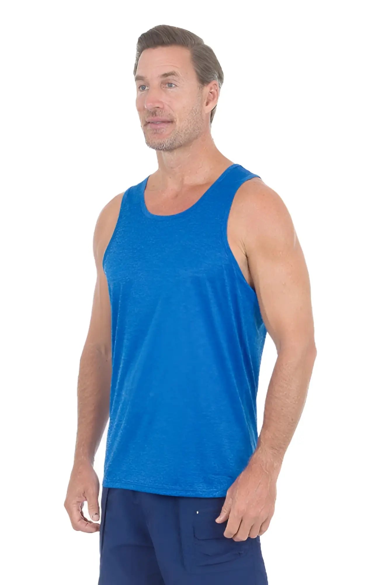 Uzzi dri-fit tank top in blue heathered fabric with a simple round neckline and sleeveless design for active wear