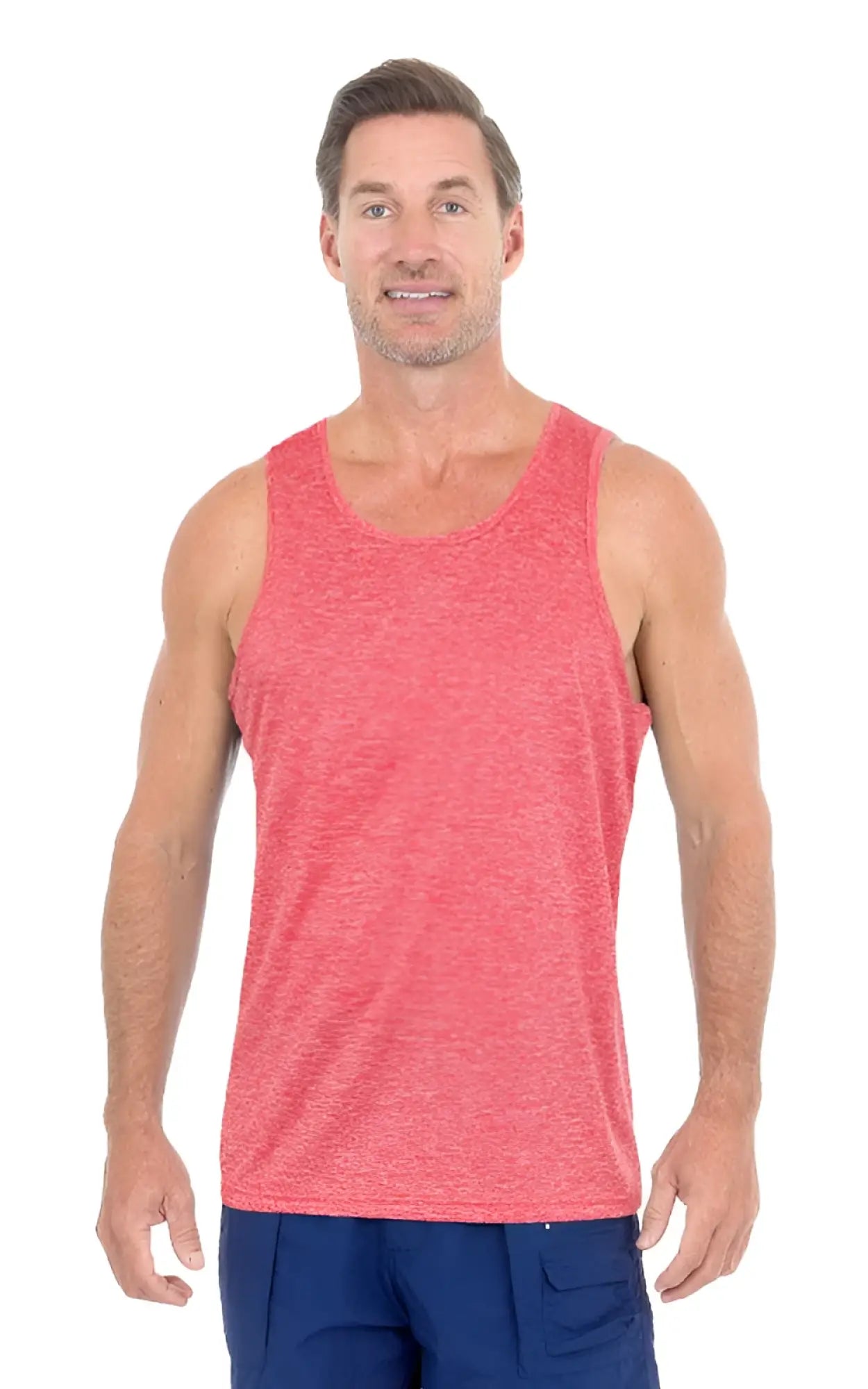 A men’s coral heathered UZZI dri-fit tank top made of soft breathable fabric for active wear