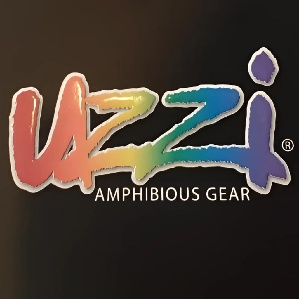 Rainbow-colored uzzi logo sticker with amphibious gear text on the front of uzzi dri-fit tank top