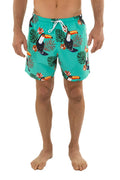 Teal UZZI microfiber swim trunks with vibrant tropical toucan and leaf print and white drawstrings