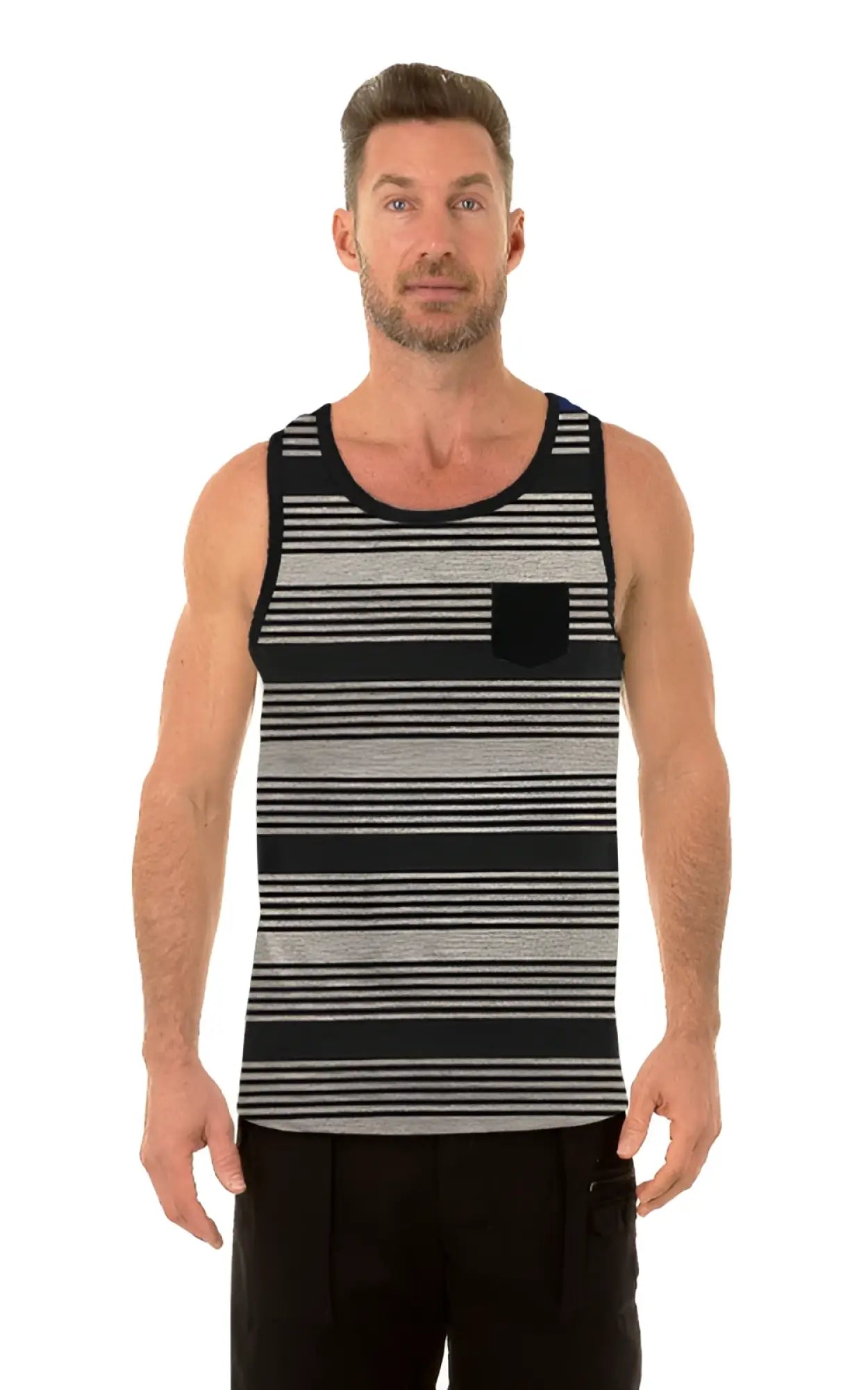 Uzzi pocket tank top black and gray striped with black pocket on left side casual sleeveless shirt