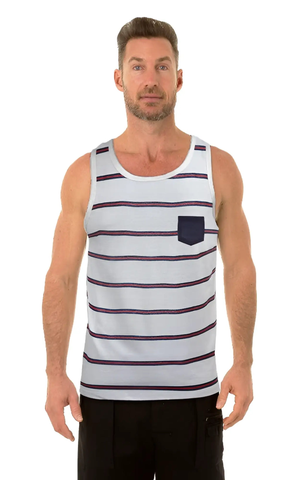 Uzzi pocket tank top white with navy blue horizontal stripes and matching pocket on left chest made of soft cotton