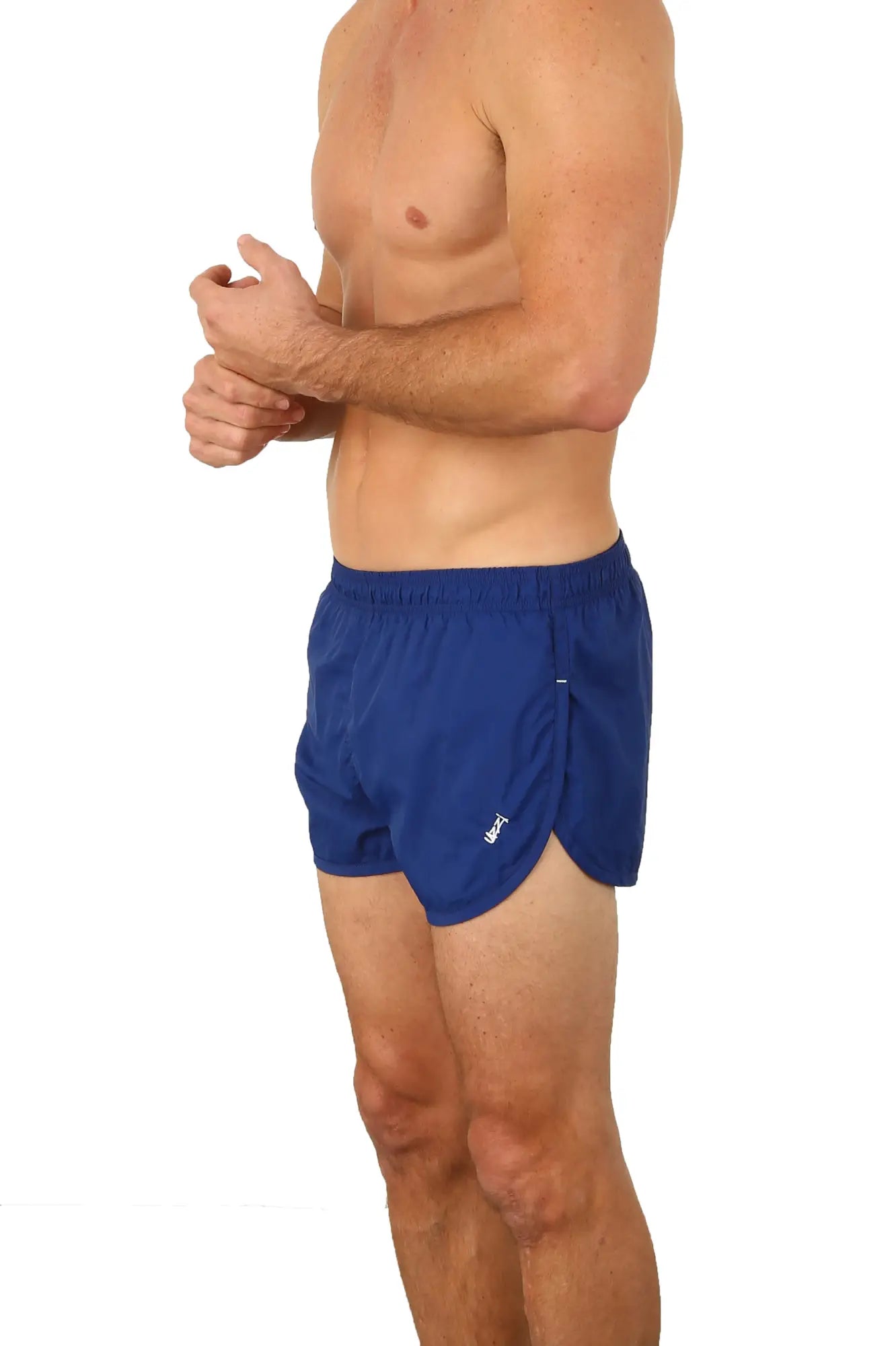 Uzzi running short blue athletic shorts with subtle white logo on lower left leg ideal for running and workouts