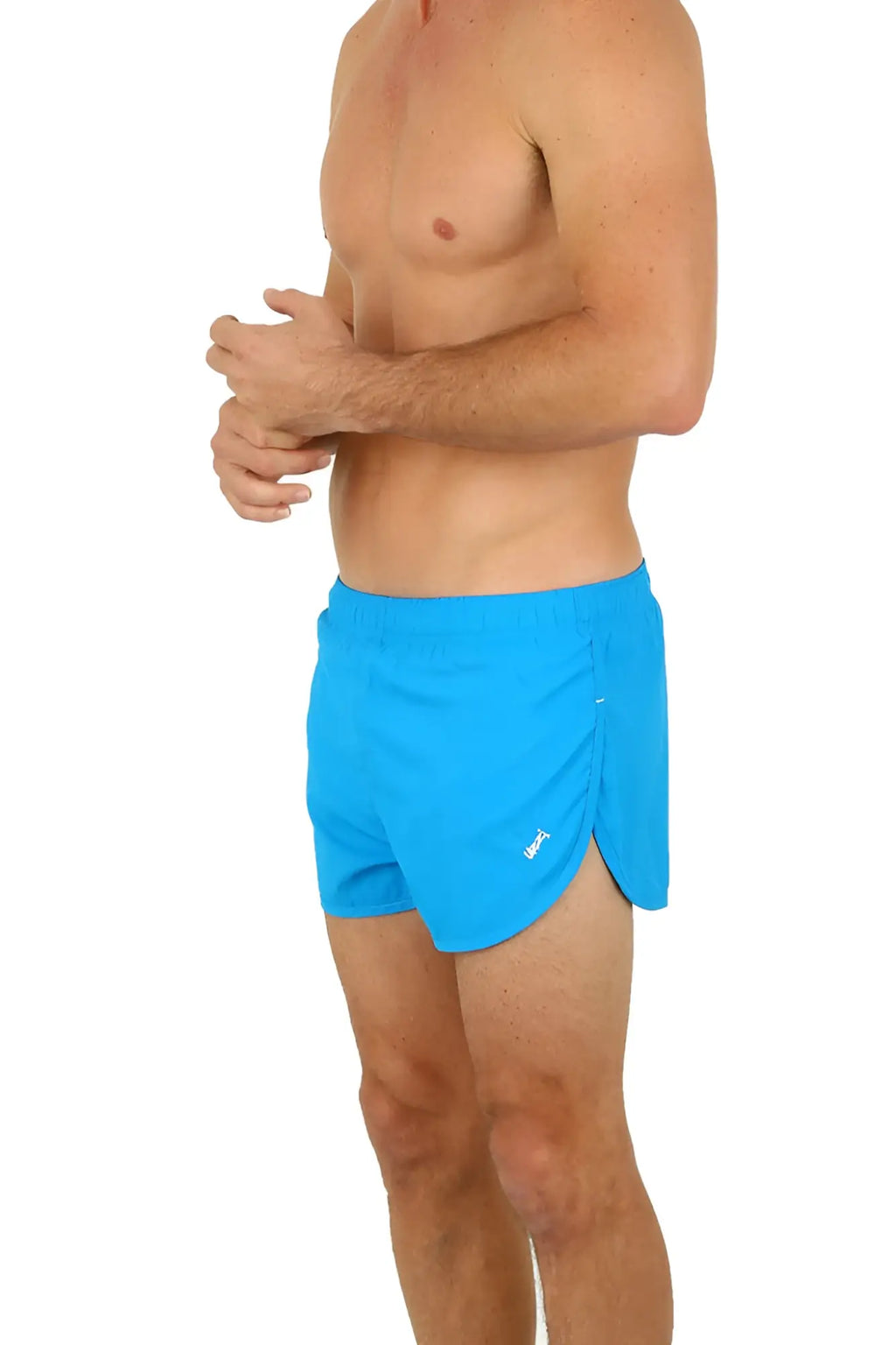Bright blue UZZI running shorts with elastic waistband and side slit designed for athletic use