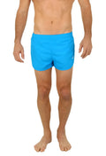 Uzzi running short bright blue swim trunks with simple clean design and small logo on lower right leg