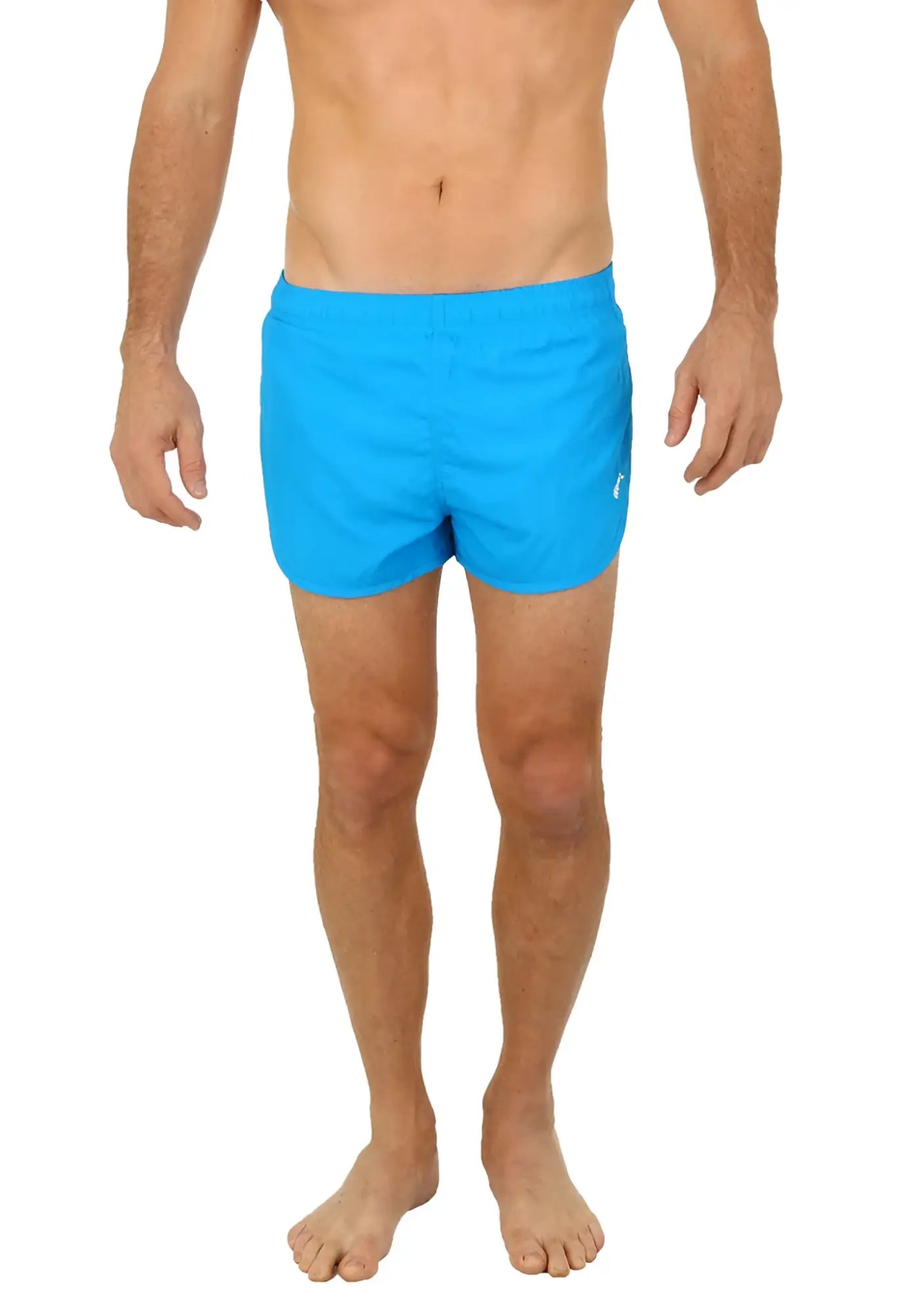 Uzzi running short bright blue swim trunks with simple clean design and small logo on lower right leg
