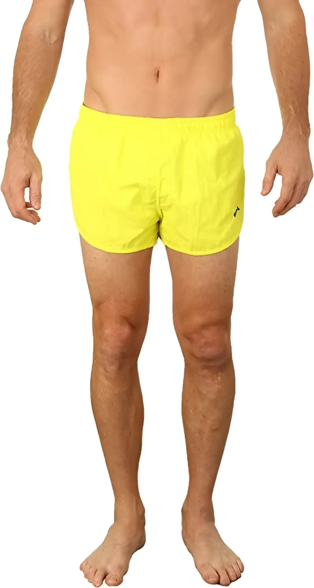 Bright yellow Uzzi running short swim trunks with a small black logo on the left leg for active use