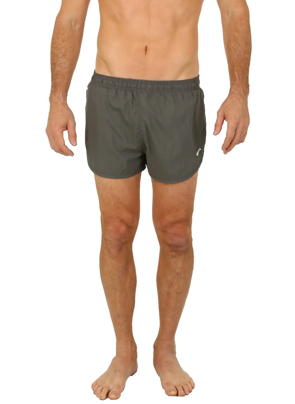 Uzzi running short dark gray athletic shorts with elastic waistband and white logo on lower right leg