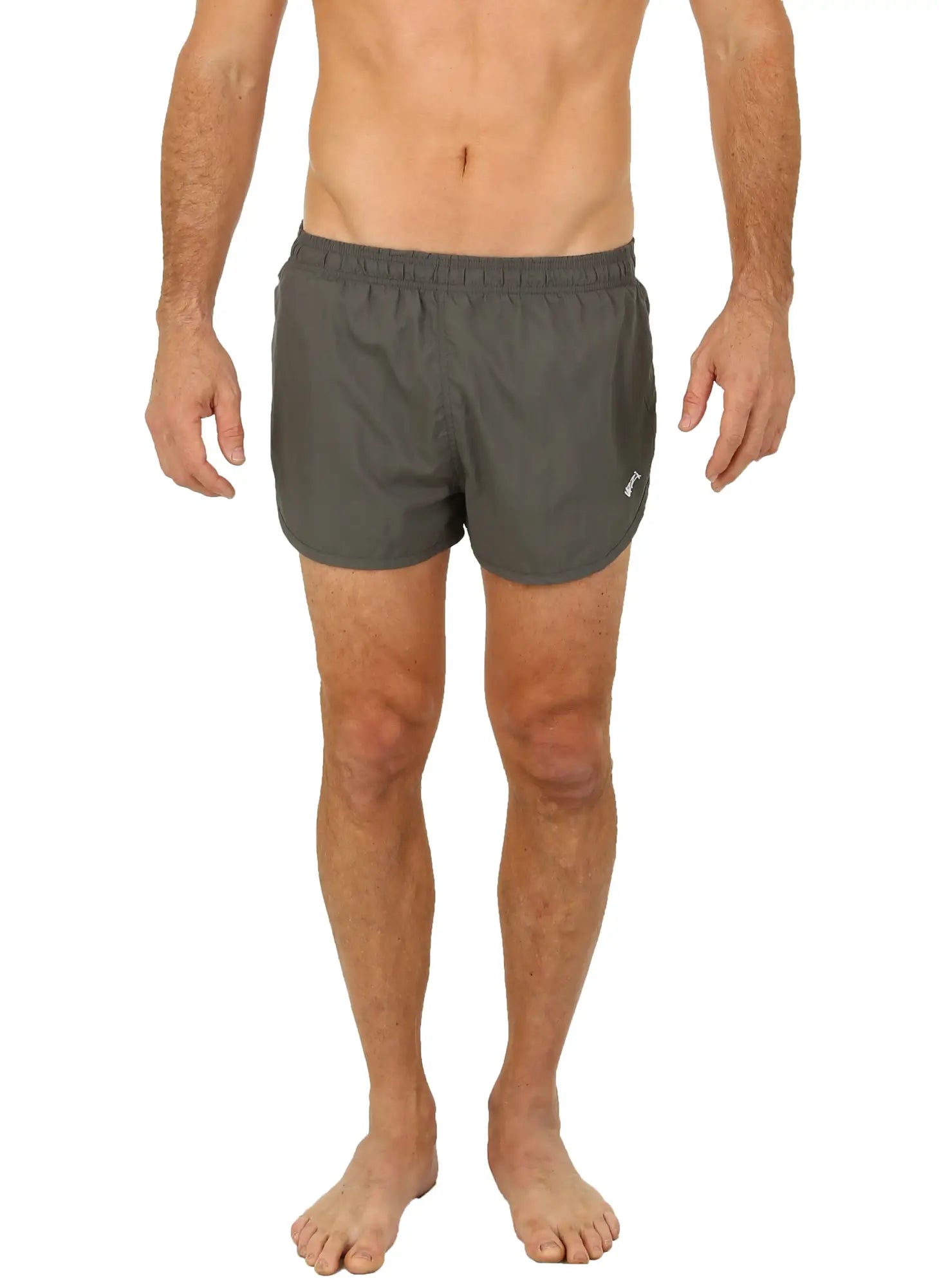 Uzzi running short dark gray athletic shorts with elastic waistband and white logo on lower right leg