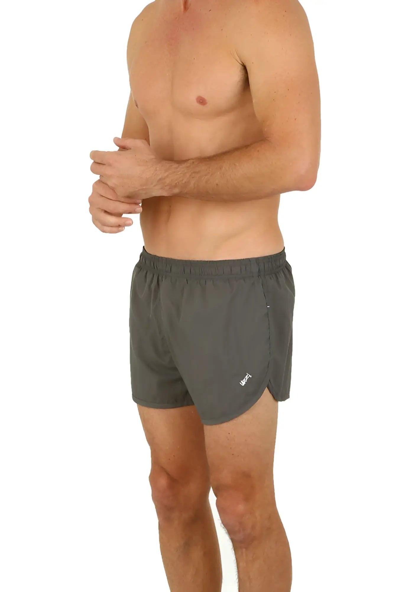Dark gray uzzi running shorts with a subtle logo on the lower left leg ideal for athletic use