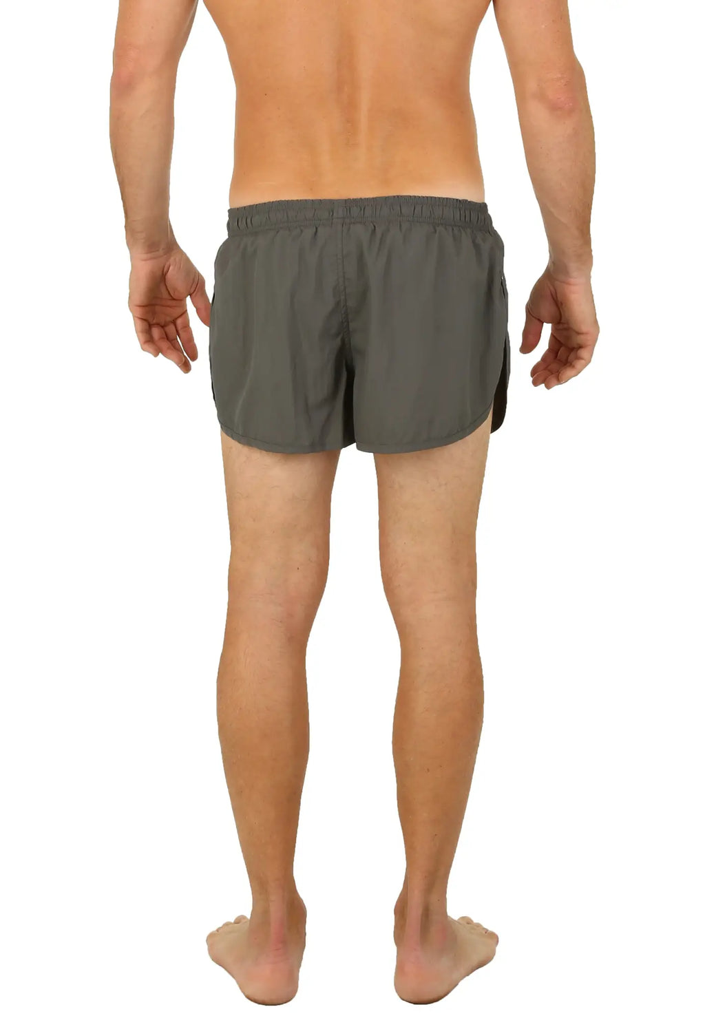 Gray Uzzi running shorts with elastic waistband and lightweight streamlined design for athletic use