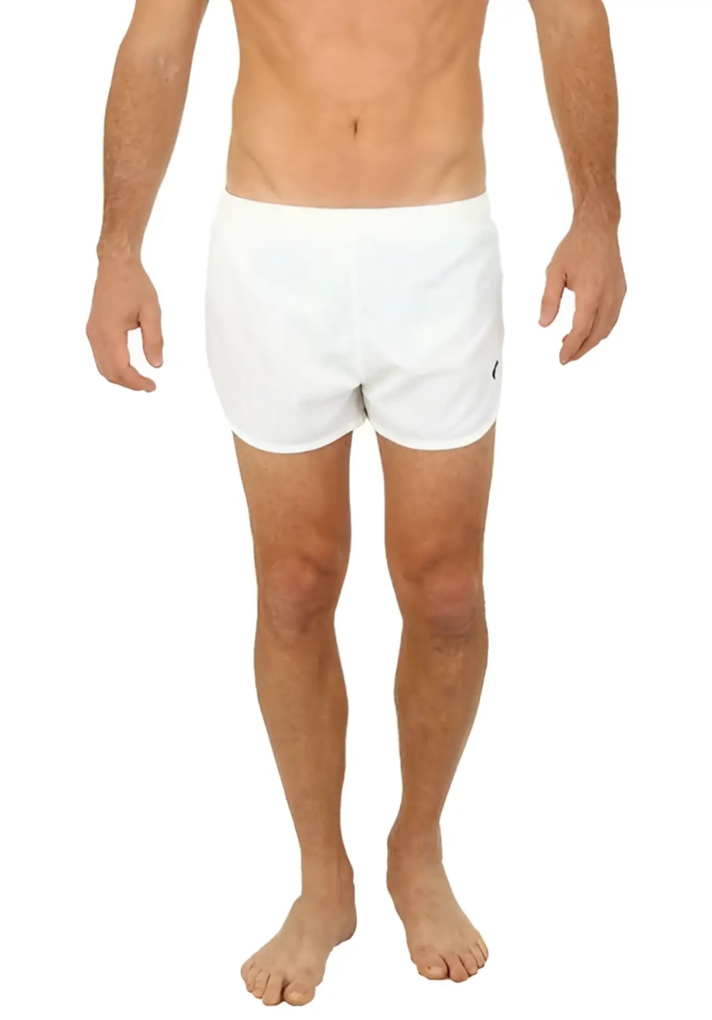 Uzzy running short white athletic shorts with simple clean design and small logo on lower right leg