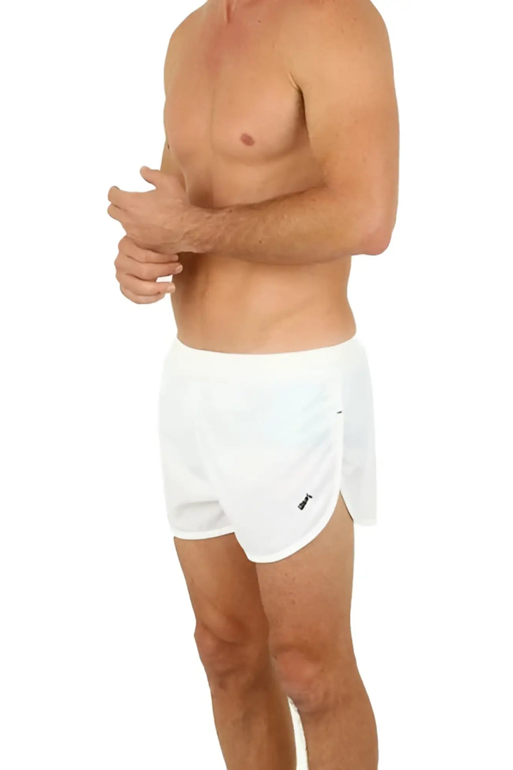 UZZI running short white athletic shorts with subtle side slit and small black logo on lower left leg