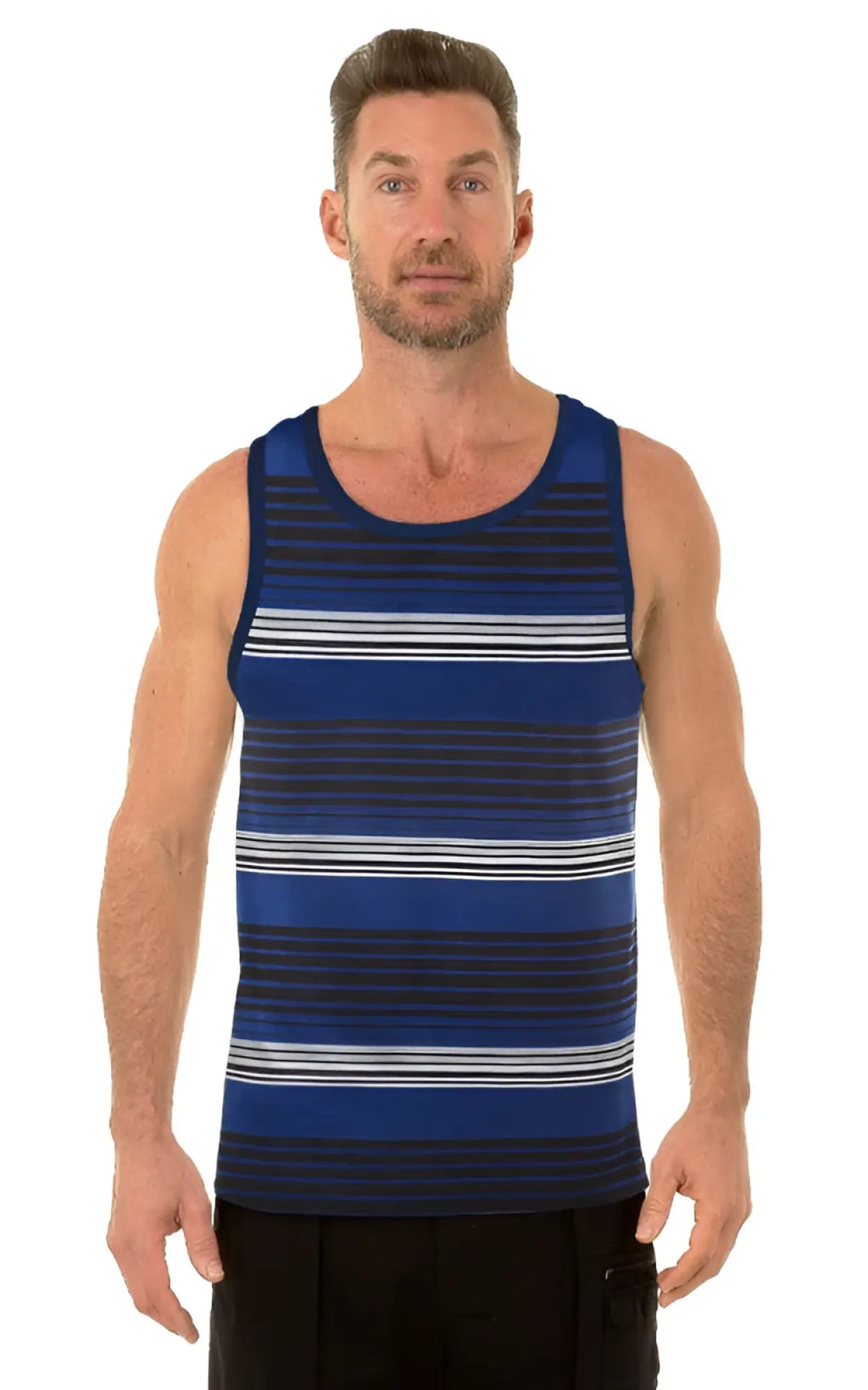 Uzzi tank top blue and gray striped sleeveless shirt with round neckline comfortable casual wear