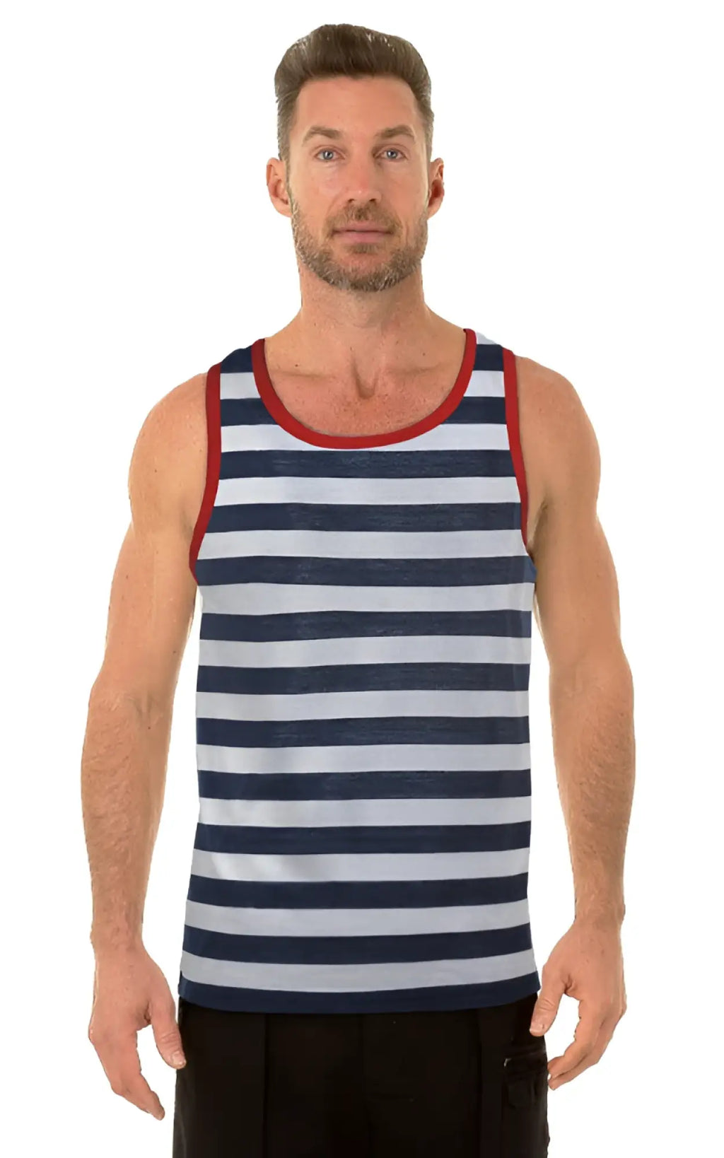 Men’s Uzzi tank top in navy and white stripes with red trim perfect for casual summer wear