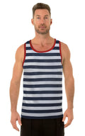 Men’s Uzzi tank top in navy and white stripes with red trim perfect for casual summer wear