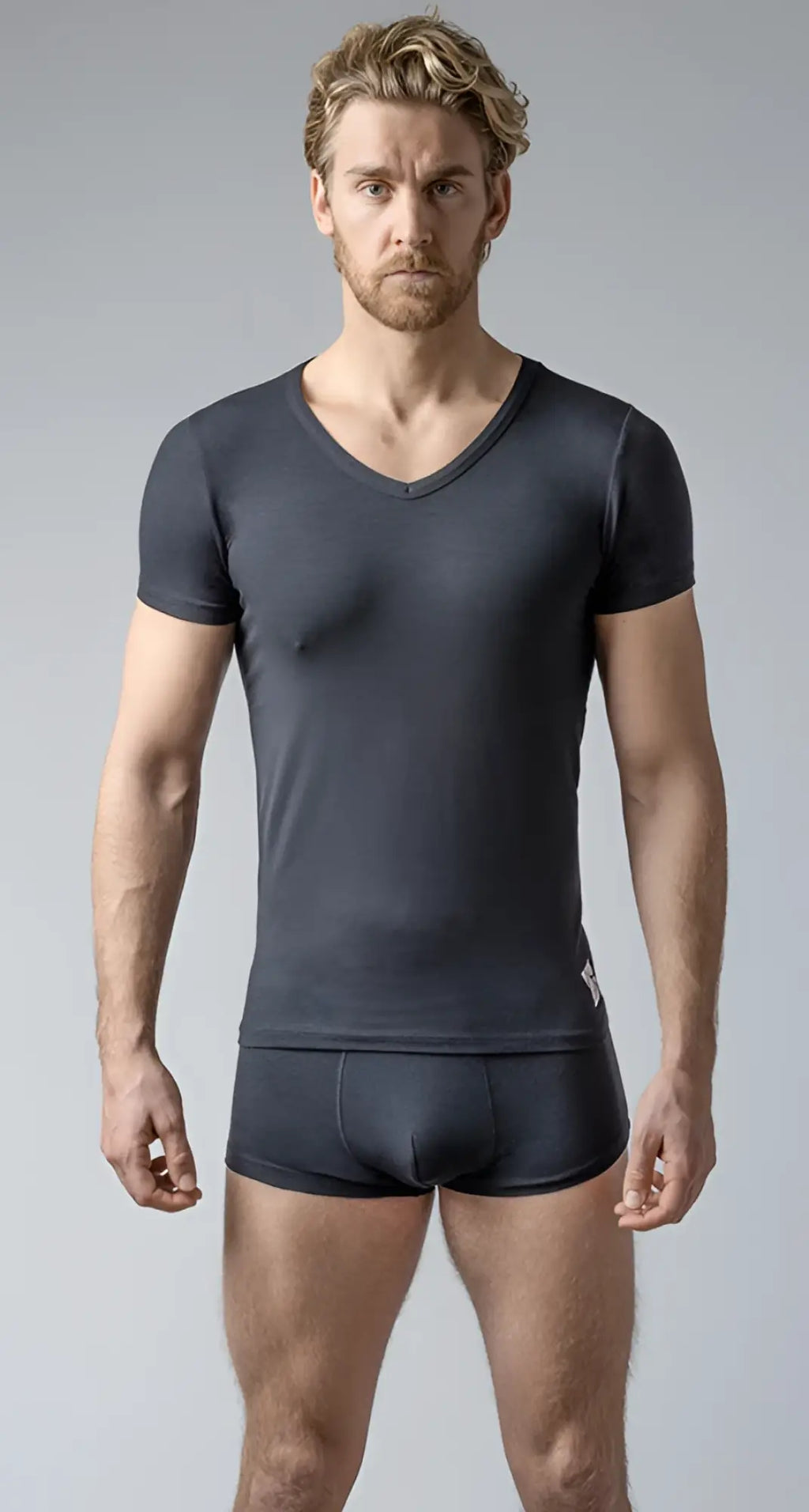 Dark gray v neck short sleeve t shirt and matching briefs made from soft breathable fabric for casual wear