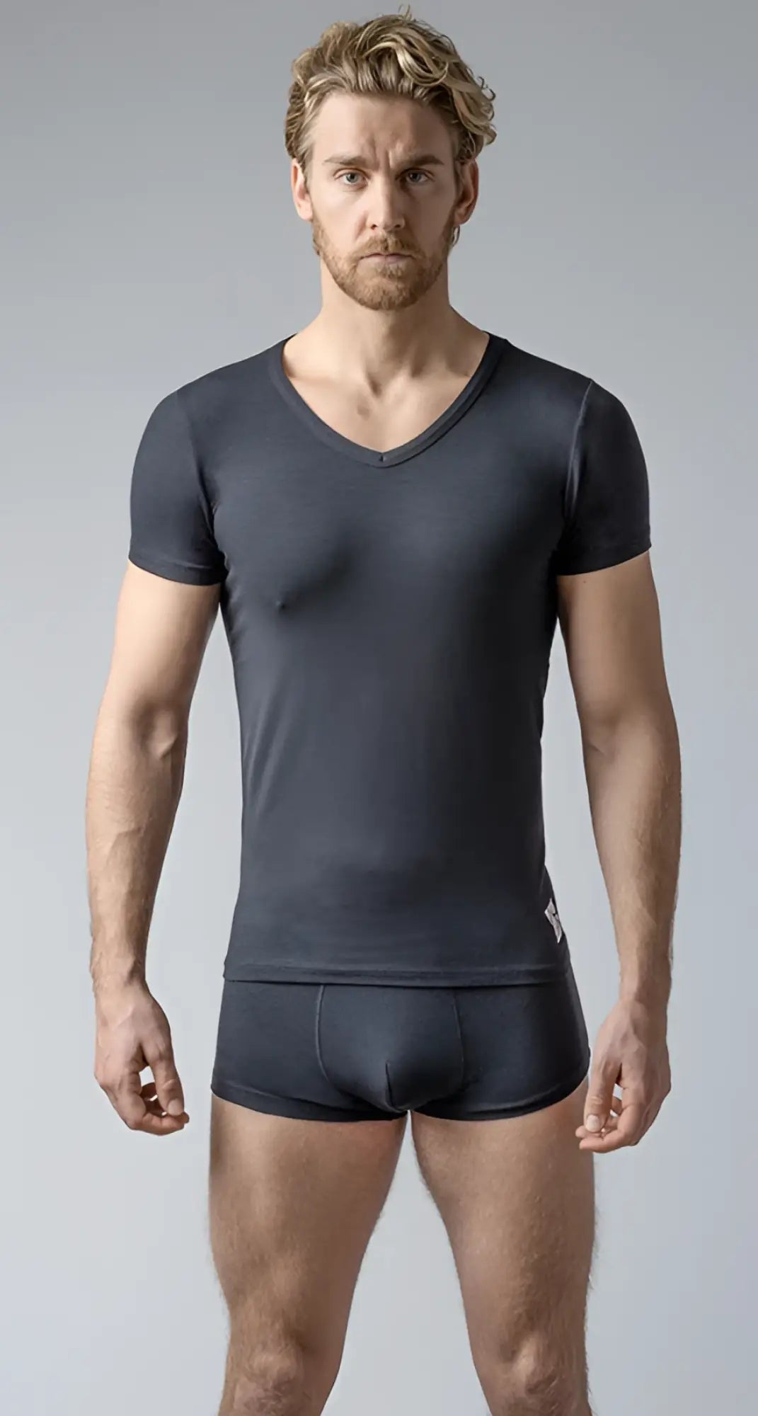 Dark gray v neck short sleeve t shirt and matching briefs made from soft breathable fabric for casual wear