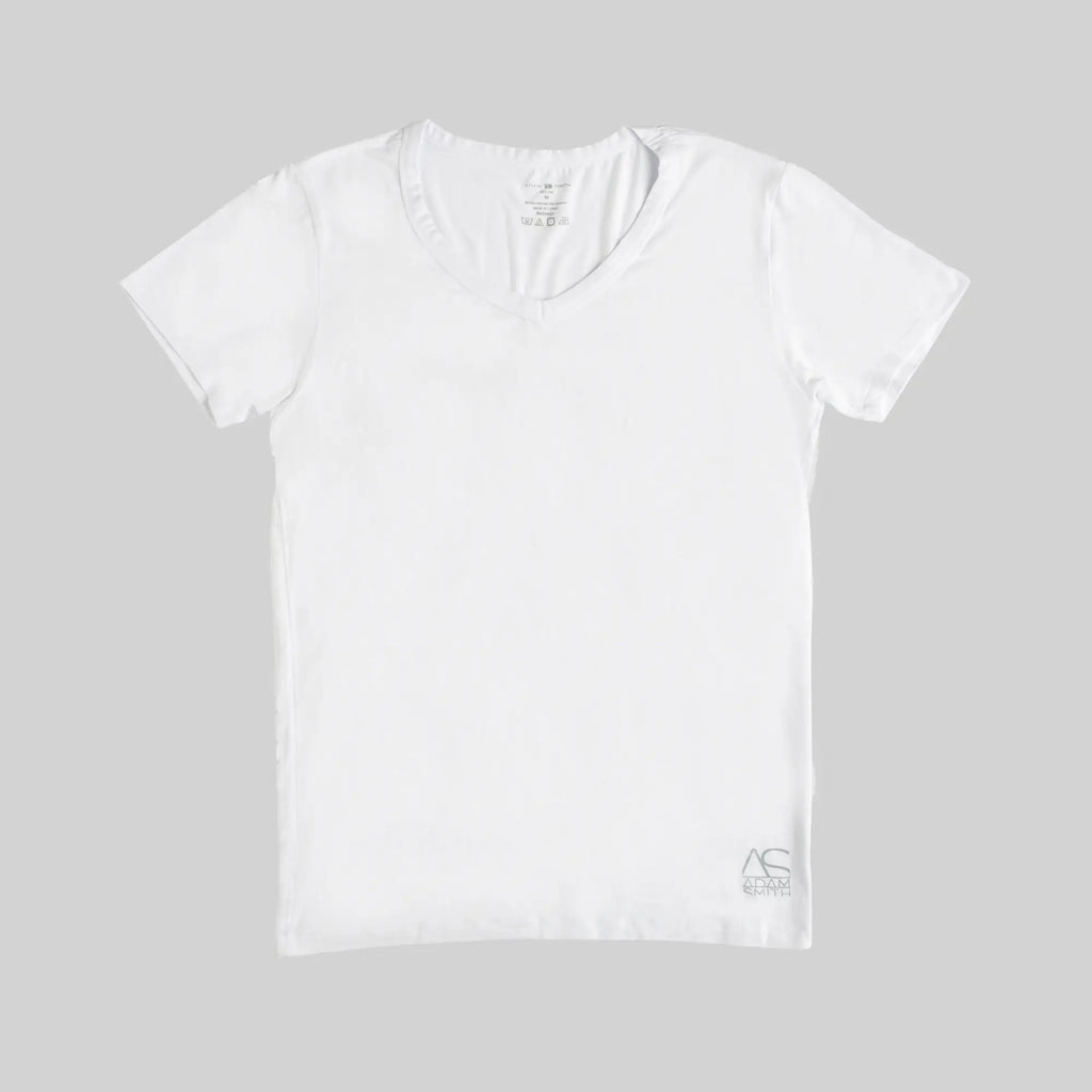 White v neck short sleeved t shirt with subtle embroidered logo on lower right corner for casual wear