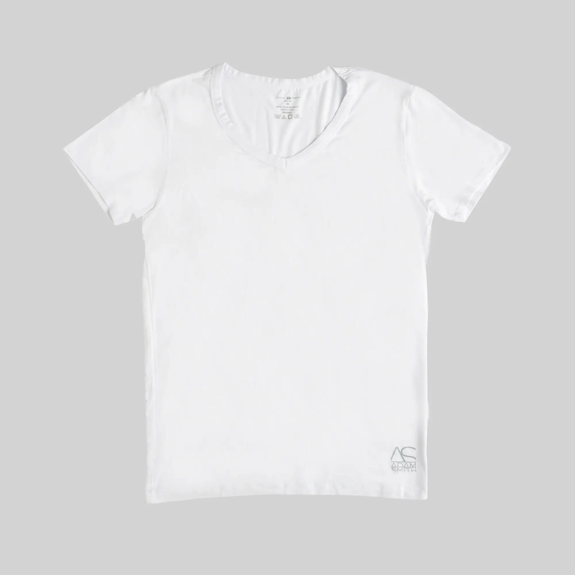 White v neck short sleeved t shirt with subtle embroidered logo on lower right corner for casual wear