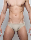 Beige v10 core bikini briefs with subtle embroidered logo on the waistband front view