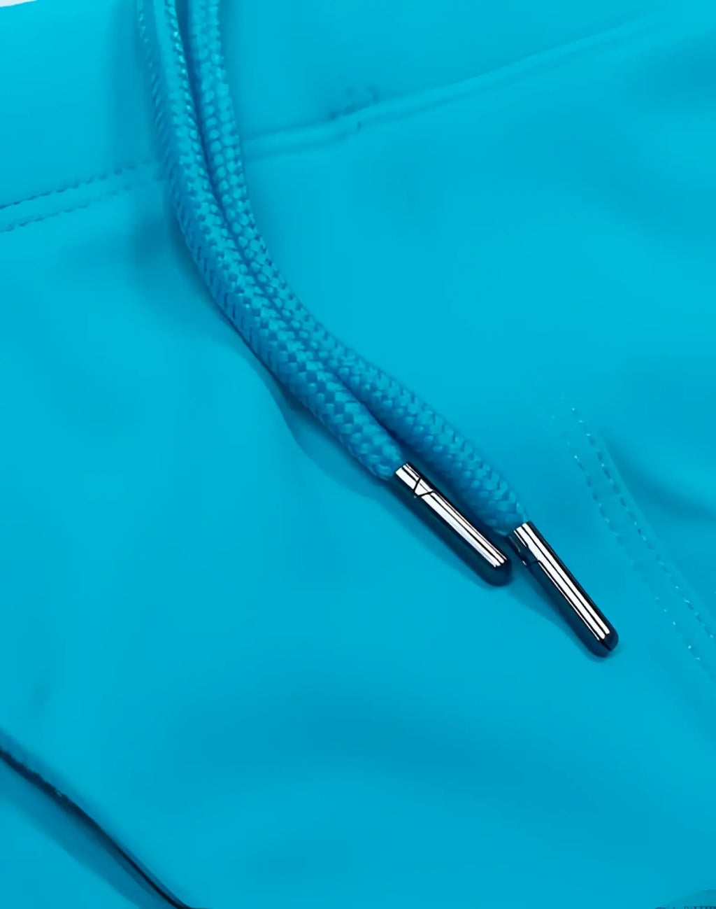 V10 core bikini with bright turquoise drawstring and metallic silver aglets detail on the front side