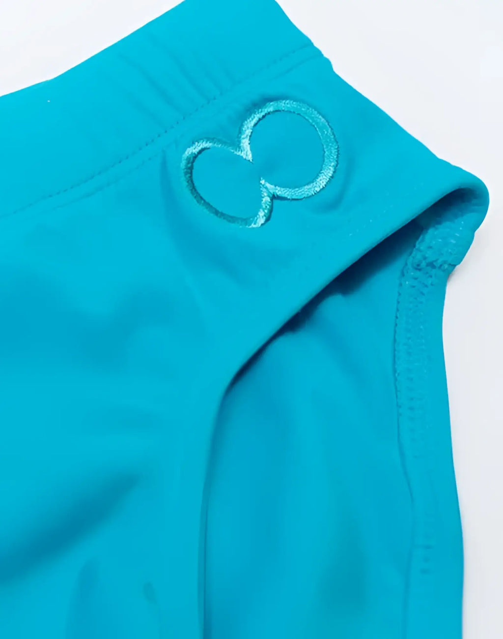 Turquoise v10 core bikini athletic shorts with a subtle embroidered infinity symbol on the waistband
