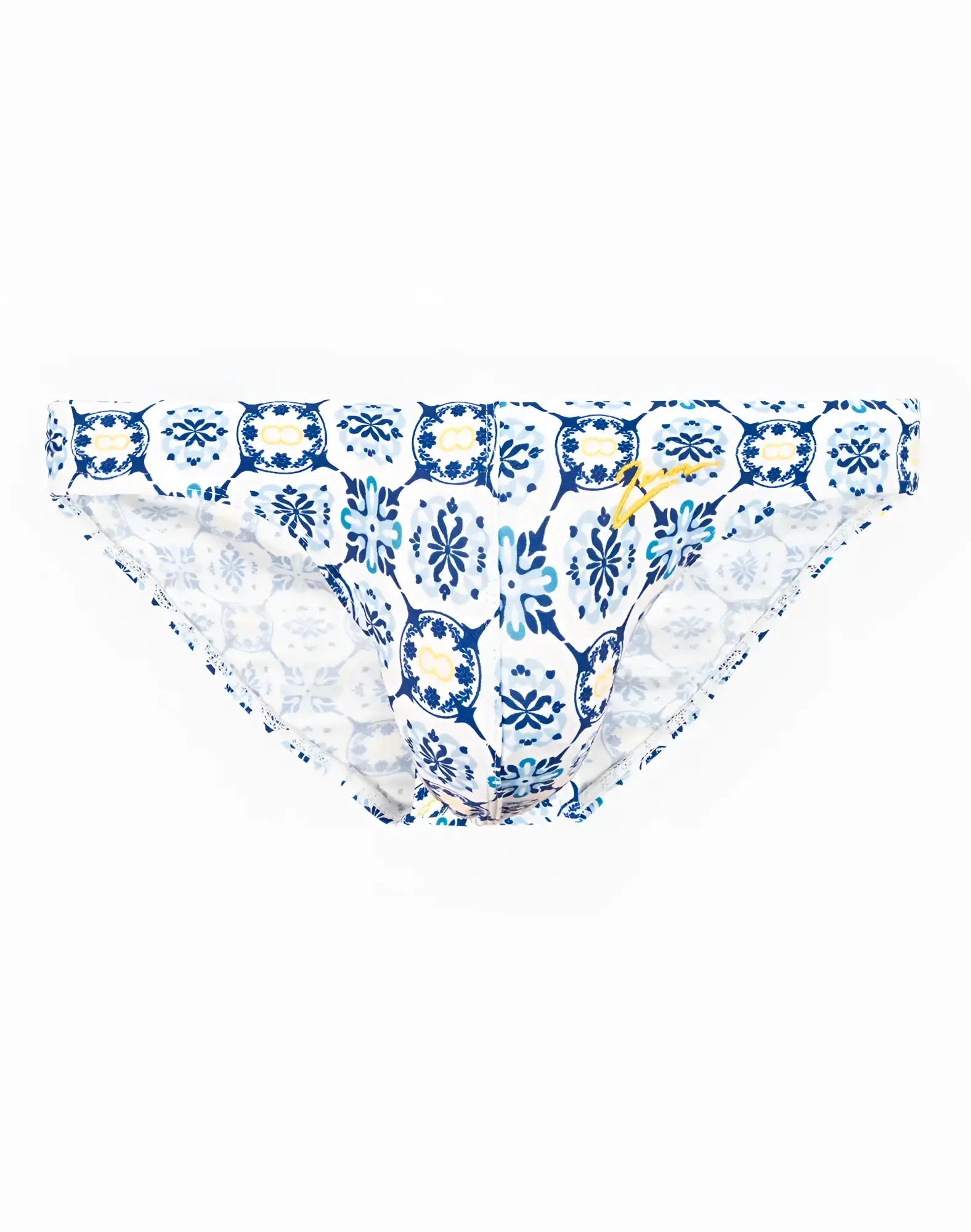 Blue and white patterned swim briefs with decorative tile design in v20 mykonos print for beachwear
