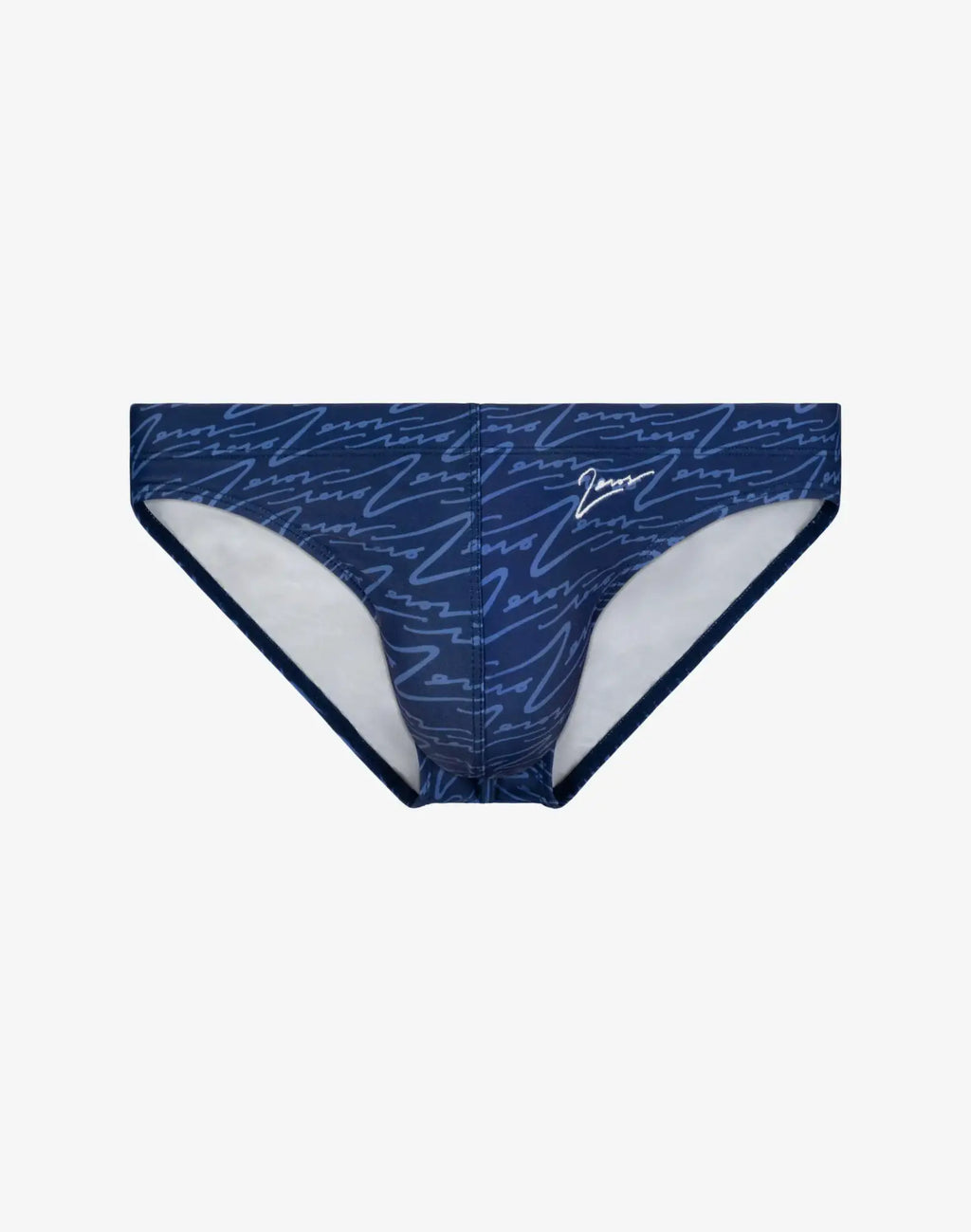 Dark blue v20 signature print swim brief with white cursive script pattern and contrasting white interior lining