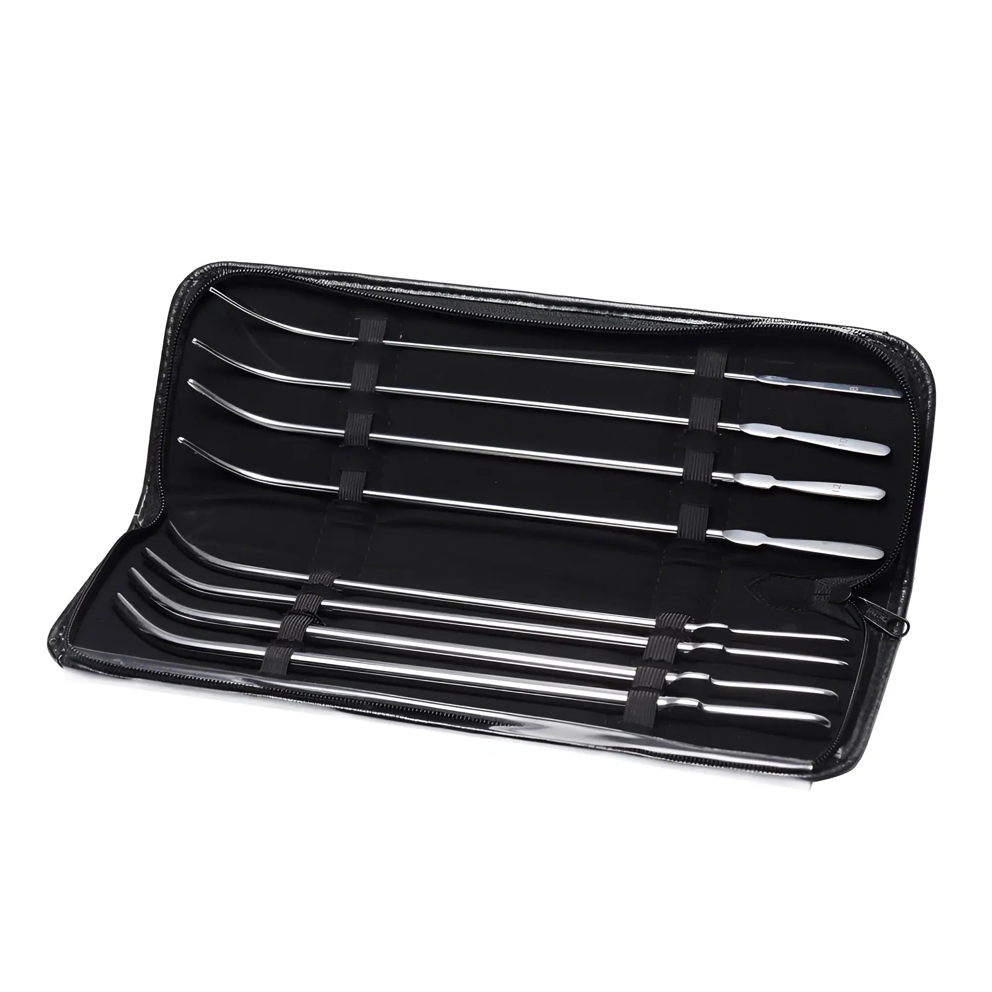 Set of seven stainless steel medical forceps in black zippered case from van buren dilator set
