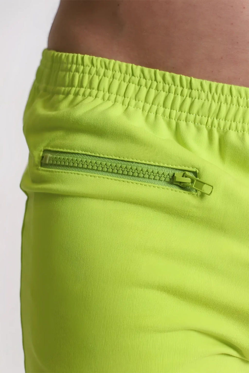 Neon yellow varsity 2 short shorts with zipper pocket elastic waistband bright neon green athletic material