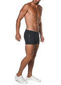 Black vault gym-tech stretch shorts with heat weld side zipper pocket and drawstring waistband for athletic use
