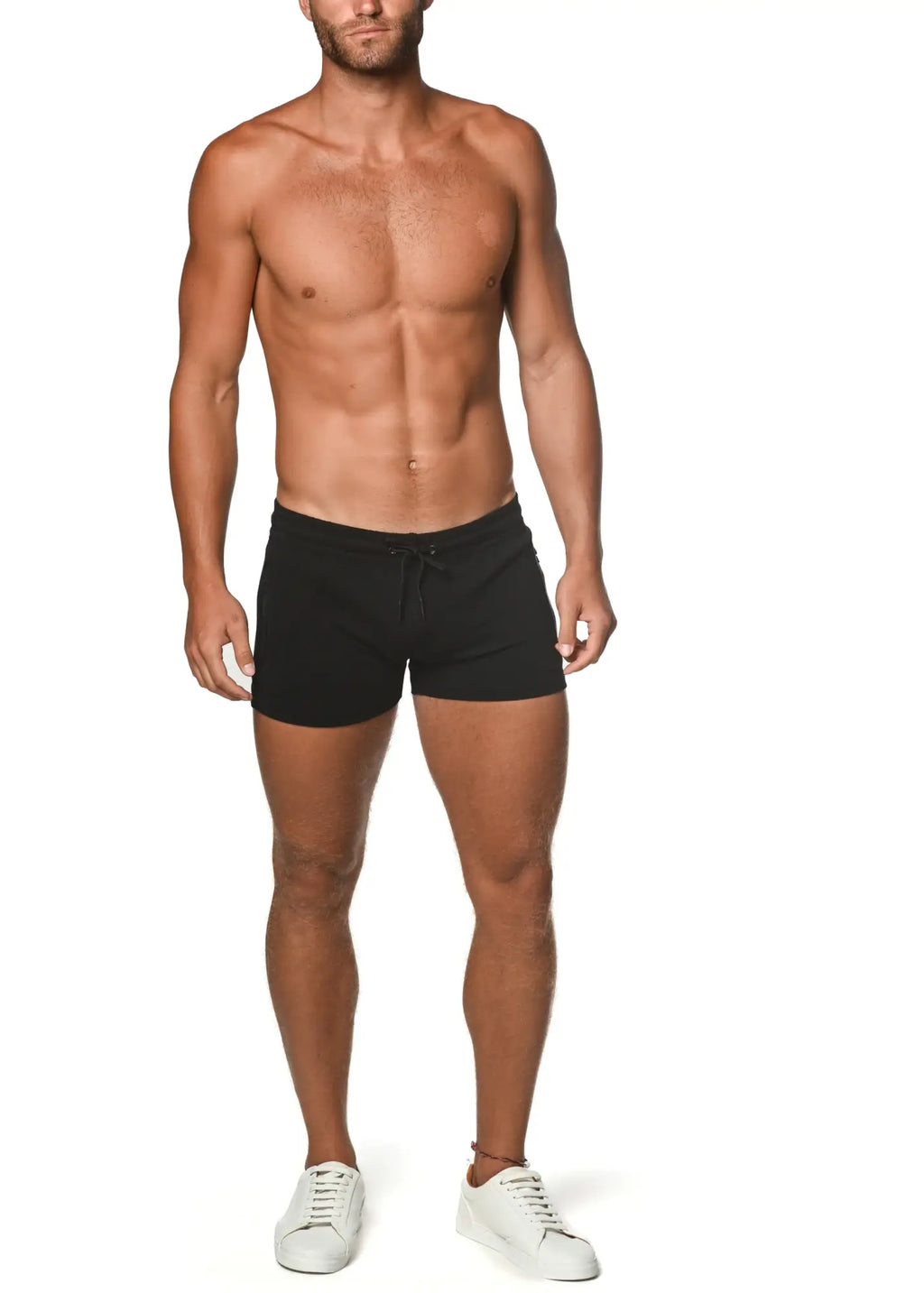 Black vault gym-tech stretch swim trunks with heat weld zippers and drawstring for comfortable fit