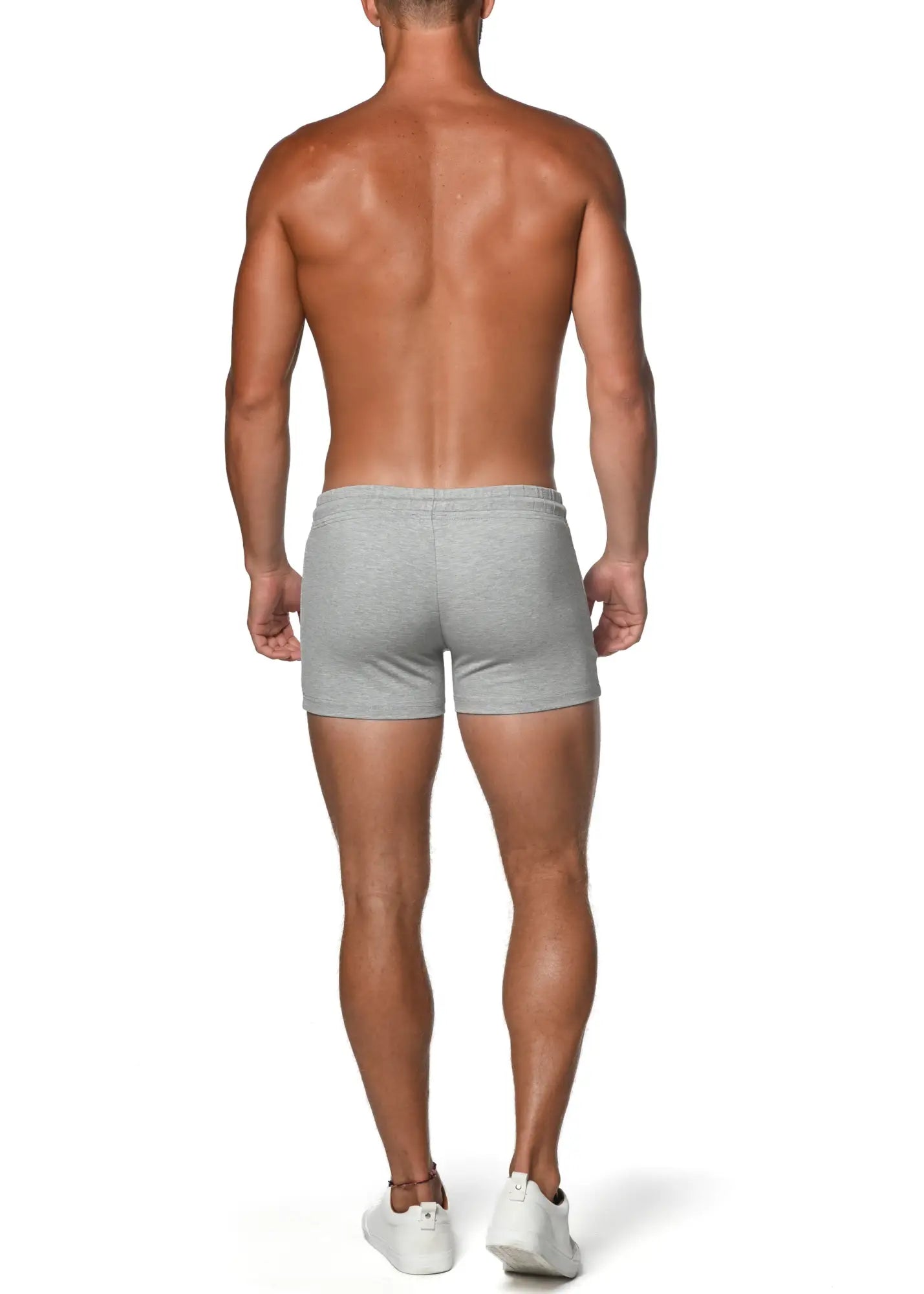 Gray vault gym-tech stretch shorts with snug fit elastic waistband and heat weld zippers for athletic use