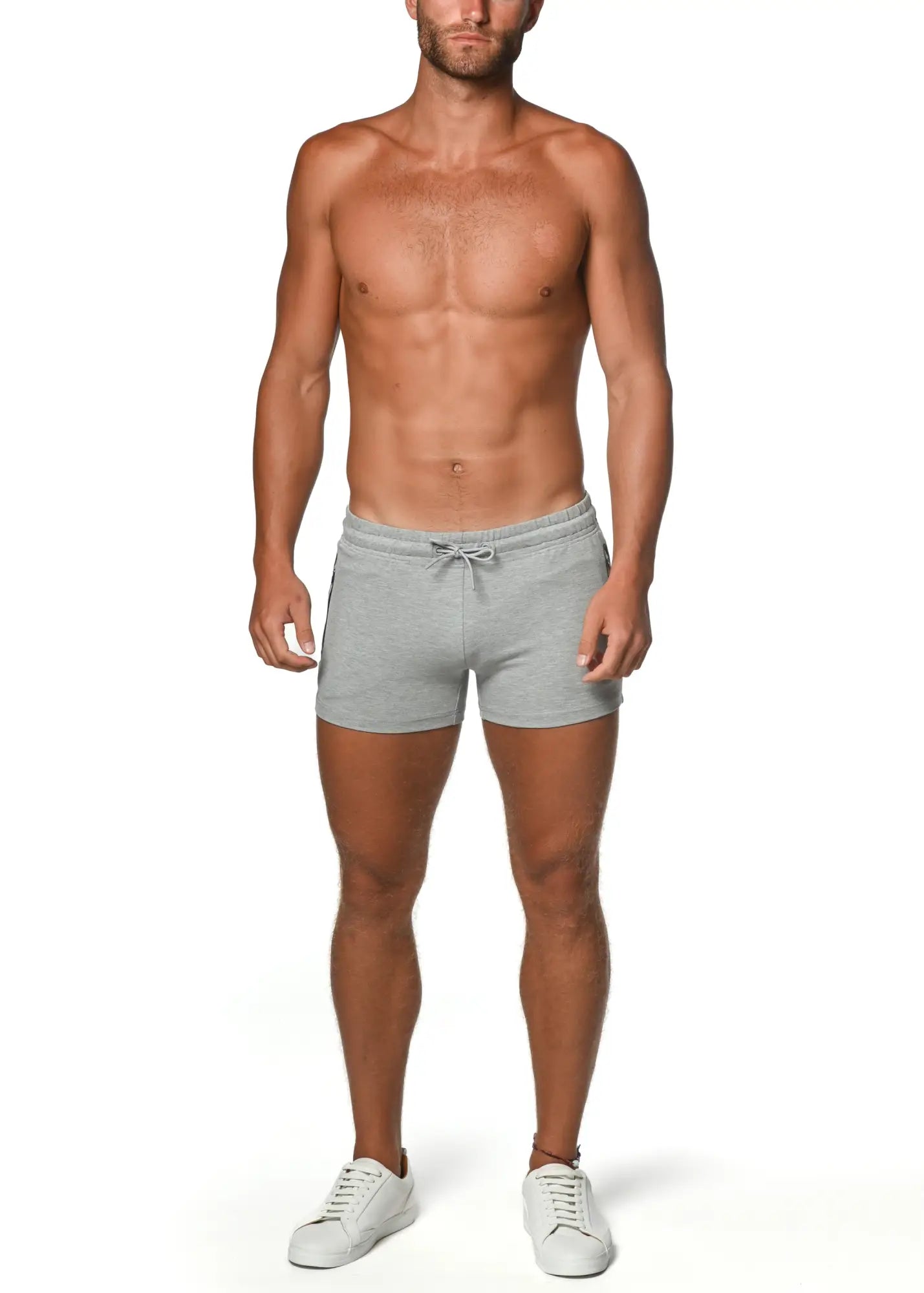 Gray vault gym-tech stretch shorts with heat weld zippers and drawstring waistband for athletic use