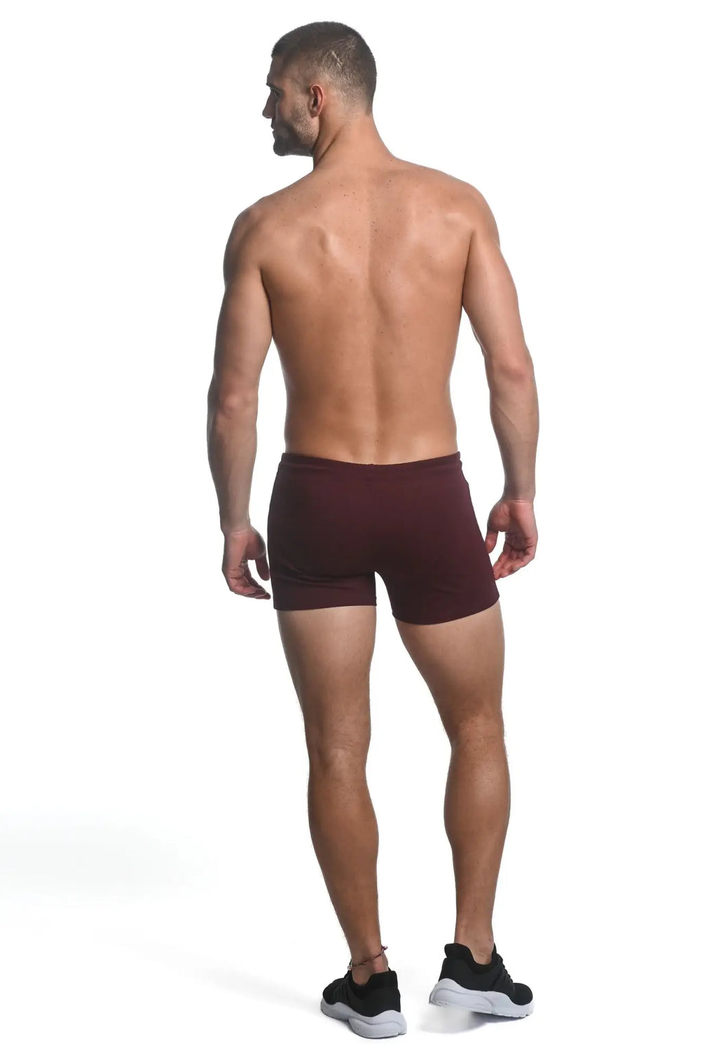 Maroon vault gym-tech stretch athletic briefs with smooth form-fitting fabric and clean-cut hemline with heat weld zippers