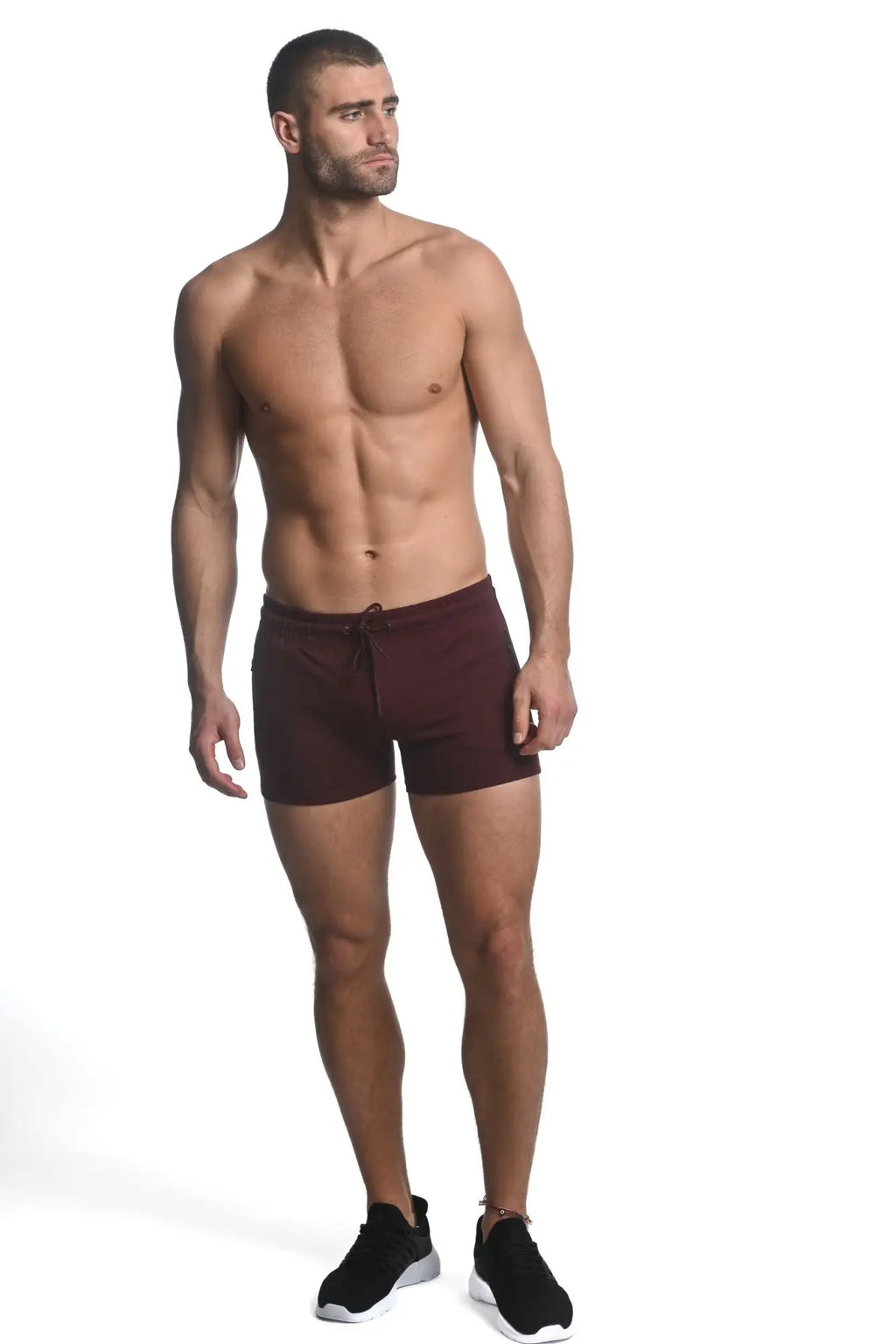 Maroon vault gym-tech stretch athletic shorts with drawstring waistband and heat weld zippers designed for workouts