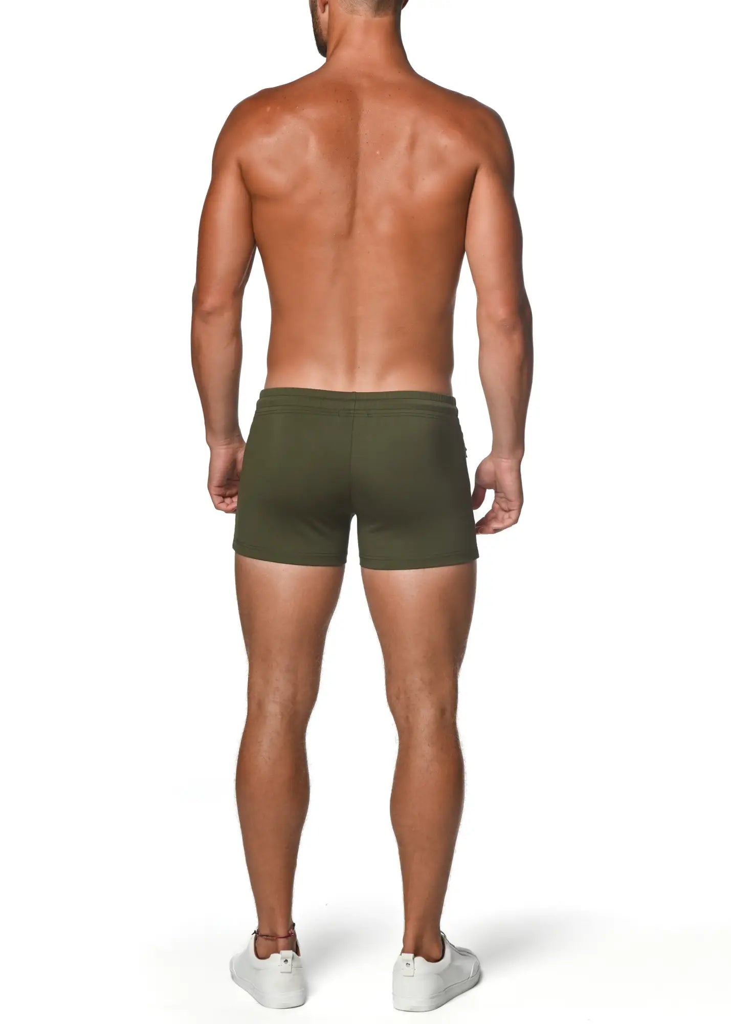Olive green vault gym-tech stretch briefs with heat weld zippers designed for active wear and comfort