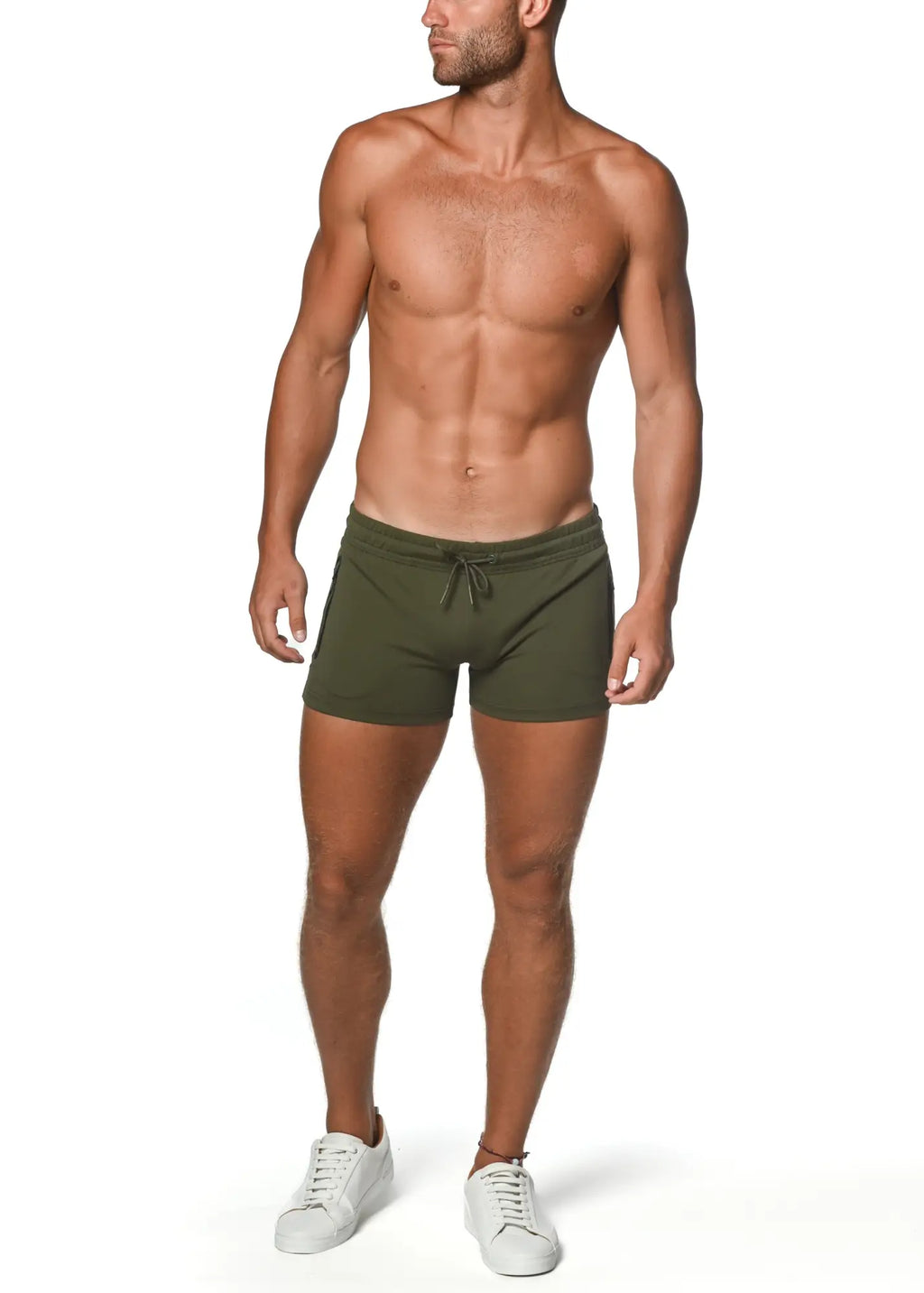Olive green vault gym-tech stretch swim trunks with drawstring and heat weld zippers for athletic use
