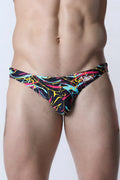 Pulse swim brief black swim trunks with vibrant neon pink yellow and cyan abstract line patterns for swimming