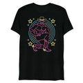 Black cotton t-shirt VEGAS RICK featuring neon pink and yellow muscular cowboy graphic with stars and concentric circles