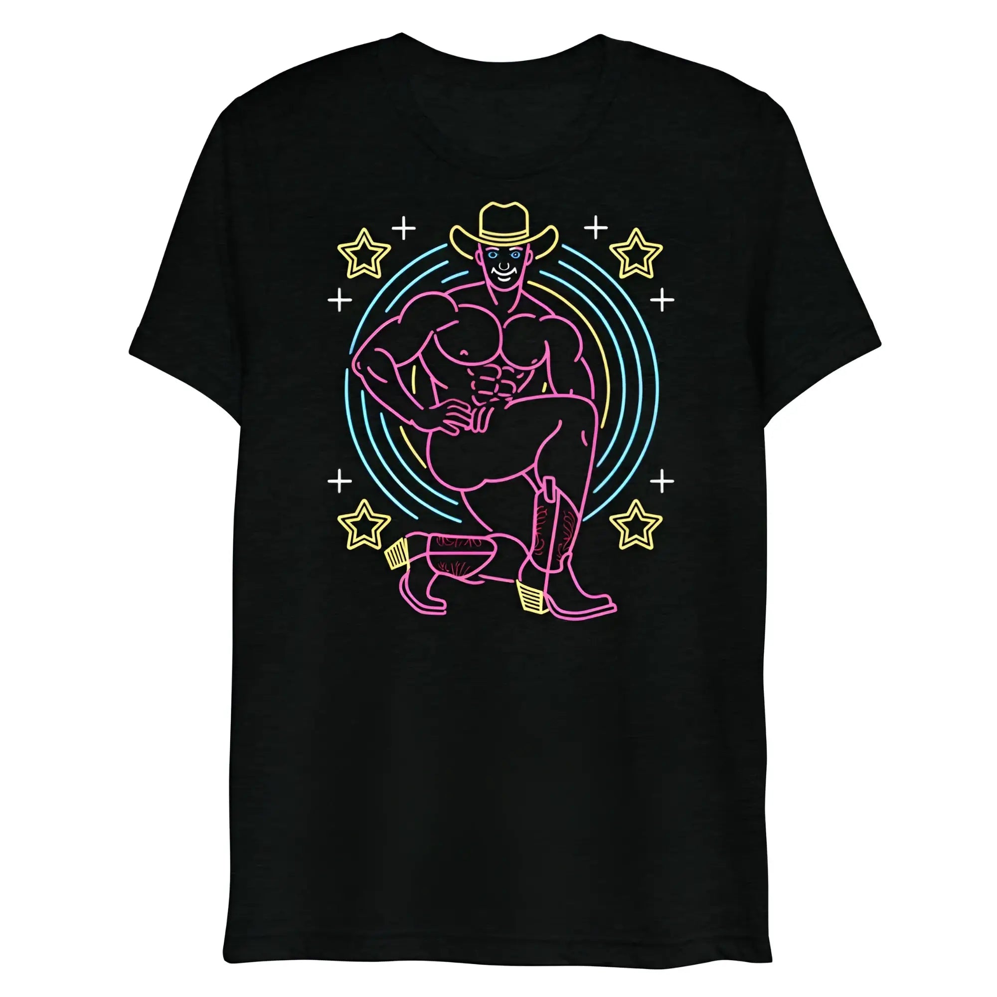 Black cotton t-shirt VEGAS RICK featuring neon pink and yellow muscular cowboy graphic with stars and concentric circles
