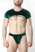 Emerald green velvet crush crop top and matching jockstrap men’s two-piece set with cutouts