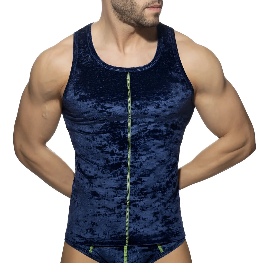 Deep blue velvet shady tank top with a contrasting lime green zipper down the front for stylish layering