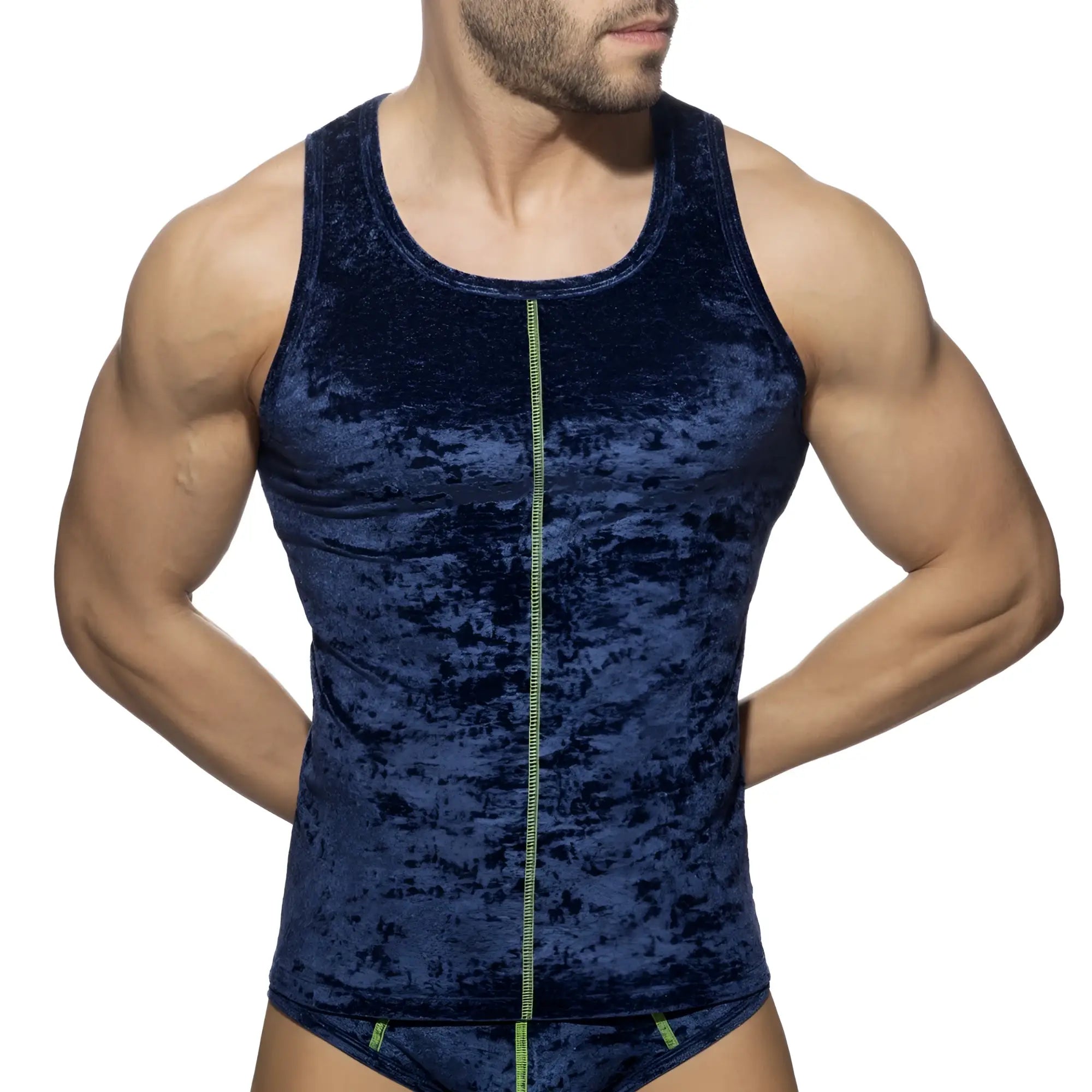 Deep blue velvet shady tank top with a contrasting lime green zipper down the front for stylish layering